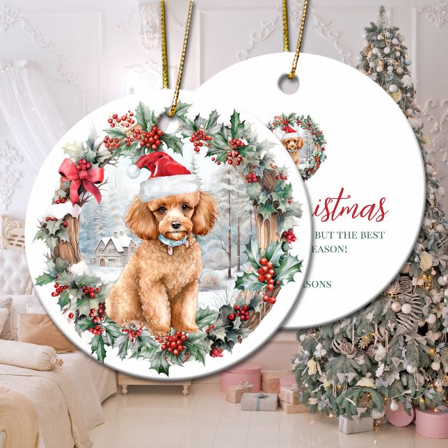 Kute julaprikot pudel hund-valpen Santa hat Julgransprydnad Keramik (Cute Christmas apricot poodle dog puppy Santa hat Ceramic Ornament)