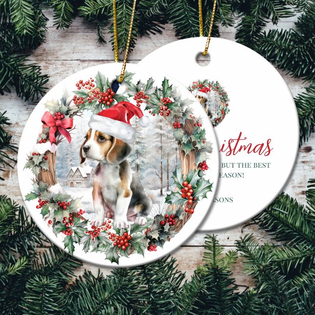 Kute Julbeagle-hund-valp, jultomtehatt Julgransprydnad Keramik (Cute Christmas beagle dog puppy Santa hat Ceramic Ornament)