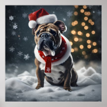 Kute Julbulldog med Santa Hat i Snö
