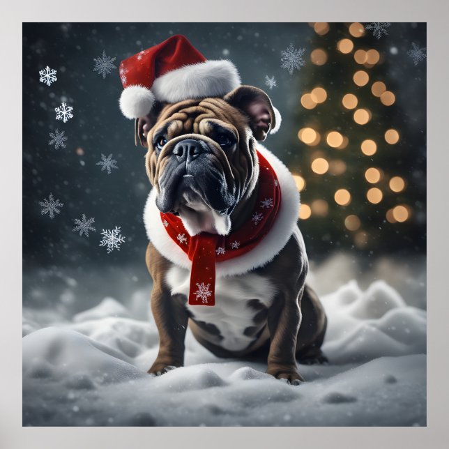 Kute Julbulldog med Santa Hat i Snö Poster (Framsidan)