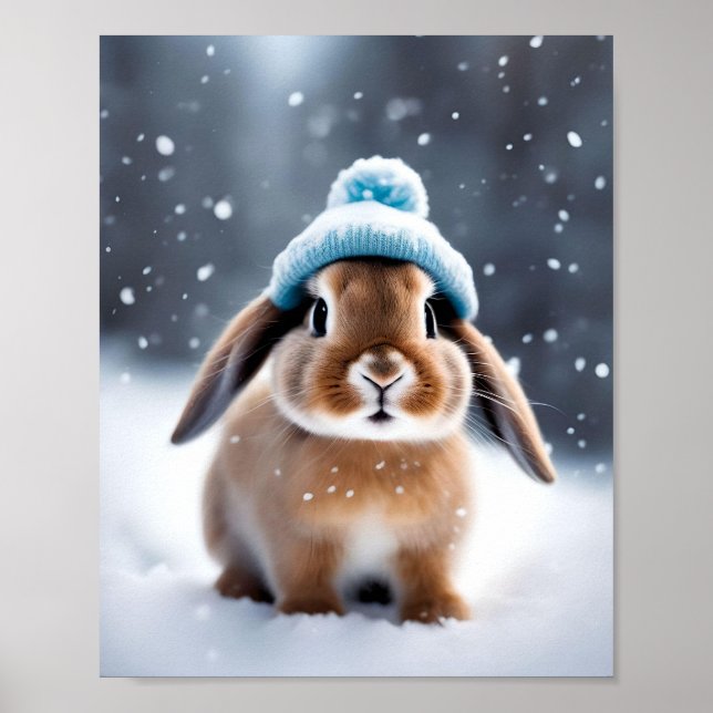 Kute julbunny i en Bobble Hat OWN ART Poster (Framsidan)