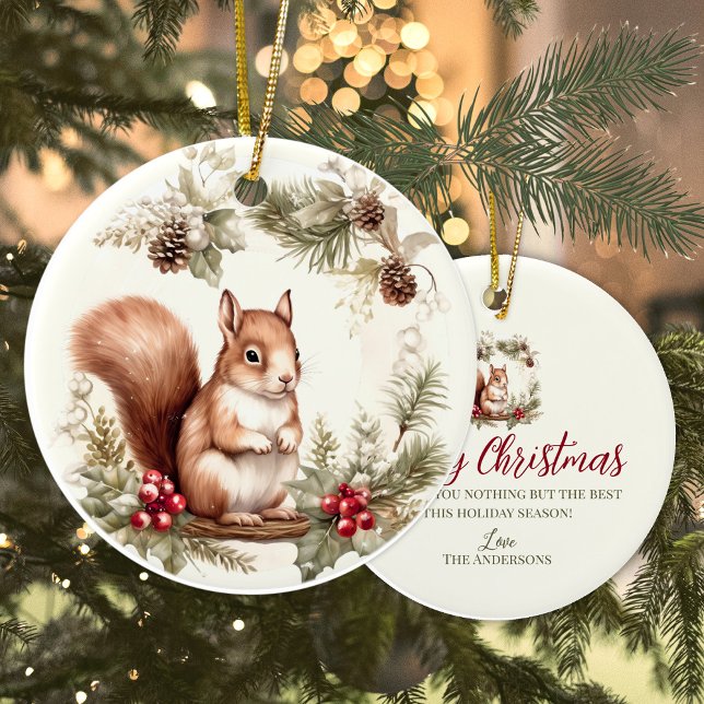 Kute Julchipmunk (wandedepådjur) Julgransprydnad Keramik (Cute chipmunk forest woodland  personalized Christmas ornament)