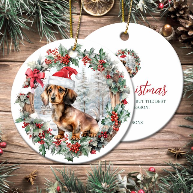 Kute Juldachshund hund-valp, tomhatt Julgransprydnad Keramik (Cute Christmas dachshund dog puppy Santa hat Ceramic Ornament)