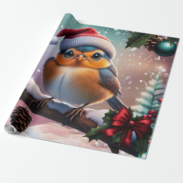 Kute Julfågel sitta på gren Presentpapper (Utrullad)