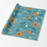 Kute Julfåglar och snöflingor mönster Presentpapper<br><div class="desc">Kute Julfågel med löv och snöflingor utan sjöar mönster. Gult,  vita och blå gröntar.</div>