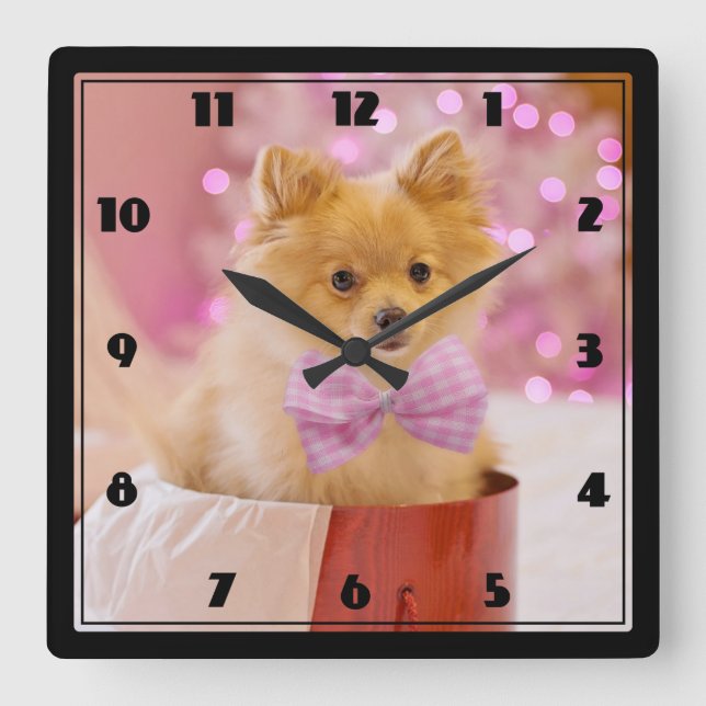 Kute Julfoto med Rosa Bow & Träd Fyrkantig Klocka (Framsida)