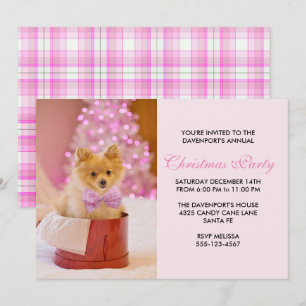 Kute Julfoto med Rosa Bow & Träd Inbjudningar