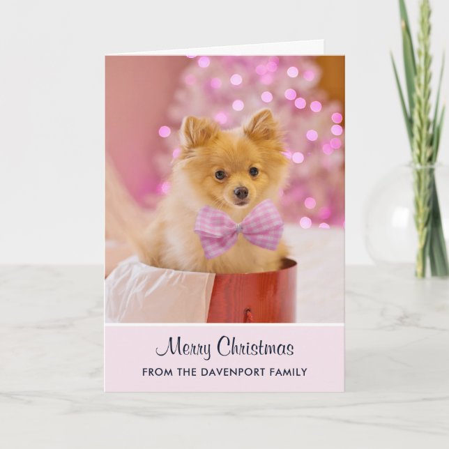 Kute Julfoto med Rosa Bow & Träd Kort (Framsida)
