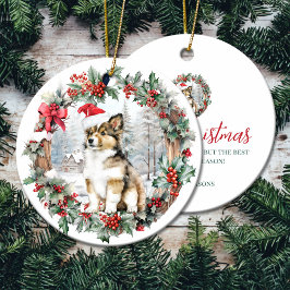 Kute julkollie, hund-valp, julhatt julgransprydnad keramik