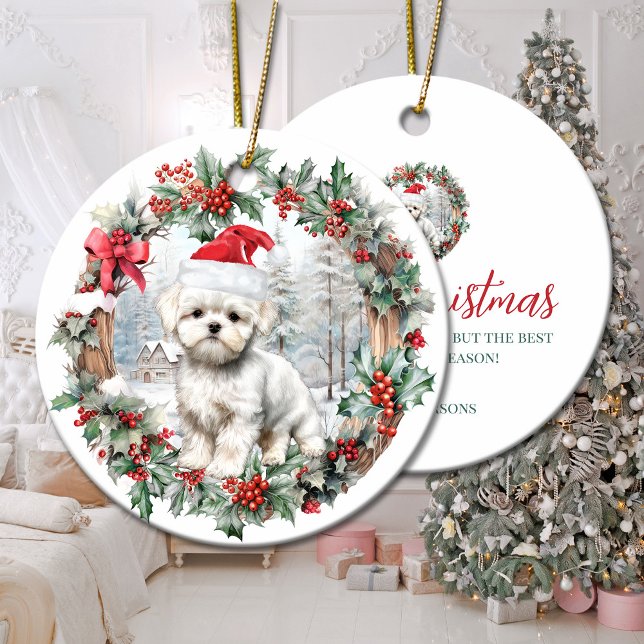 Kute Julmaltsisk hund-valp, tomathattstatt Julgransprydnad Keramik (Cute Christmas maltese dog puppy Santa hat Ceramic Ornament)