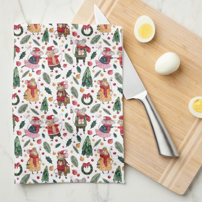Kute Julmöss på vitt Kökshandduk (Vikt i Fjärdedel)