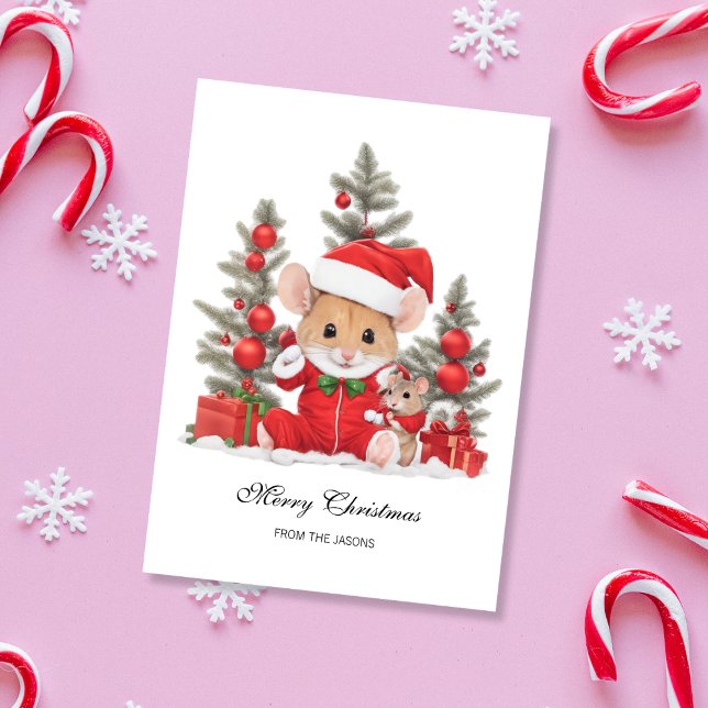 Kute julmus med Red Hat-Personlig Julkort (Cute Christmas Mouse with Red Santa Hat Holiday Card)
