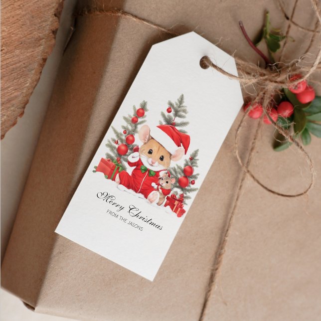 Kute julmus med Red Hat-Personlig Presentetikett (Cute Christmas Mouse with red hat Gift Tag)
