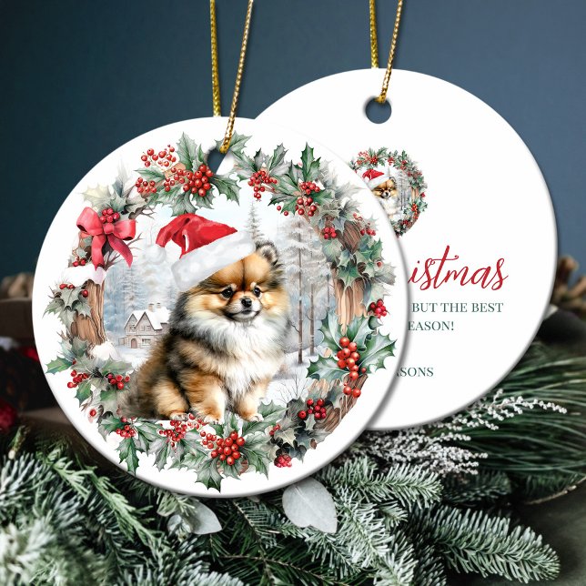 Kute Julpomeransk hund-valp, tomtehatt Julgransprydnad Keramik (Cute Christmas pomeranian dog puppy Santa hat Ceramic Ornament)