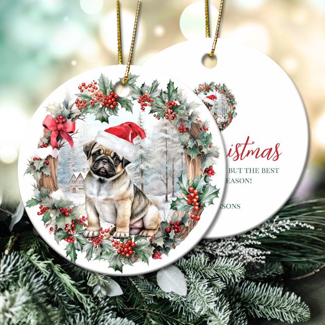 Kute Julpug, hund, valp, julhatt Julgransprydnad Keramik (Cute Christmas pug dog puppy Santa hat Ceramic Ornament)