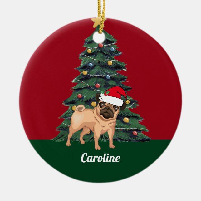 Kute Julpug i Santa Hat Personlig Red Julgransprydnad Keramik (Framsidan)
