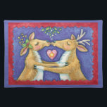 Kute Julren, Romantic Kiss w Mistletoe Bordstablett<br><div class="desc">Vintage illustration God jul med en kärlek och romantik-utformning med två snygga renkyssar under mistletoe. Ett hjärta är mellan dem. En rolig,  fånig och romantisk tecknad för djur älskare.</div>