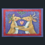Kute Julren, Romantic Kiss w Mistletoe Bordstablett<br><div class="desc">Vintage illustration God jul med en kärlek och romantik-utformning med två snygga renkyssar under mistletoe. Ett hjärta är mellan dem. En rolig,  fånig och romantisk tecknad för djur älskare.</div>