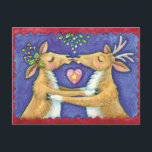 Kute Julren, Romantic Kiss w Mistletoe Helg Vykort<br><div class="desc">Vintage illustration God jul med en kärlek och romantik-utformning med två snygga renkyssar under mistletoe. Ett hjärta är mellan dem. En rolig,  fånig och romantisk tecknad för djur älskare.</div>