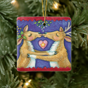 Kute Julren, Romantic Kiss w Mistletoe Julgransprydnad Keramik