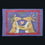 Kute Julren, Romantic Kiss w Mistletoe Kökshandduk<br><div class="desc">Vintage illustration God jul med en kärlek och romantik-utformning med två snygga renkyssar under mistletoe. Ett hjärta är mellan dem. En rolig,  fånig och romantisk tecknad för djur älskare.</div>