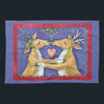 Kute Julren, Romantic Kiss w Mistletoe Kökshandduk<br><div class="desc">Vintage illustration God jul med en kärlek och romantik-utformning med två snygga renkyssar under mistletoe. Ett hjärta är mellan dem. En rolig,  fånig och romantisk tecknad för djur älskare.</div>