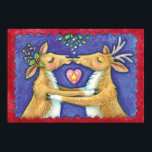 Kute Julren, Romantic Kiss w Mistletoe Poster<br><div class="desc">Vintage illustration God jul med en kärlek och romantik-utformning med två snygga renkyssar under mistletoe. Ett hjärta är mellan dem. En rolig,  fånig och romantisk tecknad för djur älskare.</div>