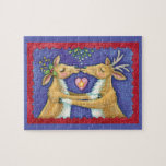 Kute Julren, Romantic Kiss w Mistletoe Pussel<br><div class="desc">Vintage illustration God jul med en kärlek och romantik-utformning med två snygga renkyssar under mistletoe. Ett hjärta är mellan dem. En rolig,  fånig och romantisk tecknad för djur älskare.</div>