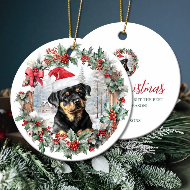 Kute Julrovweiler hund puppy Santa hat Julgransprydnad Keramik (Cute Christmas rottweiler dog puppy Santa hat Ceramic Ornament)