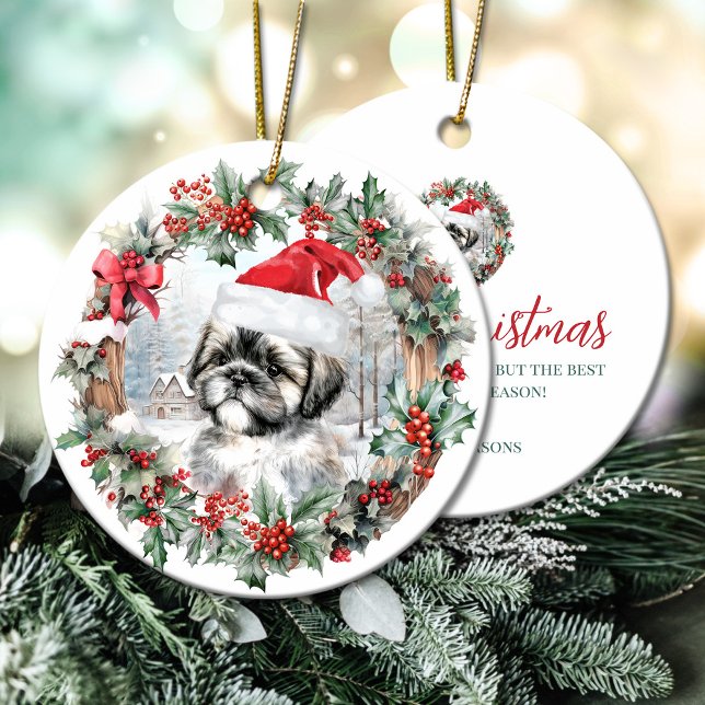 Kute Julshierarki tzu-hund-valp tomhatt Julgransprydnad Keramik (Cute Christmas shih tzu dog puppy Santa hat Ceramic Ornament)