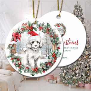 Kute jultomtehatt, vit hund-valpen i pudel julgransprydnad keramik