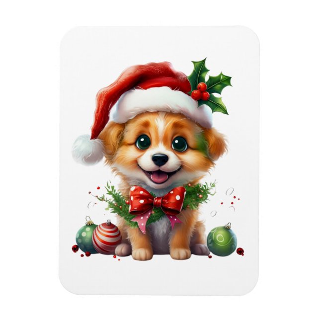 Kute Julvalpen med Santa Hat och Bow Magnet (Vertikal)
