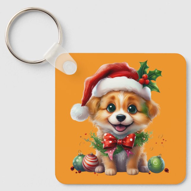 Kute Julvalpen med Santa Hat och Bow Nyckelring (Framsida)