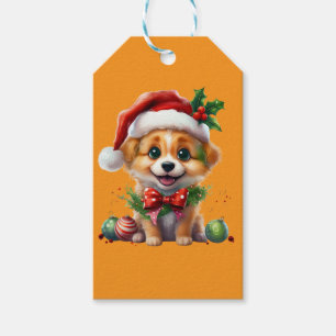 Kute Julvalpen med Santa Hat och Bow Presentetikett