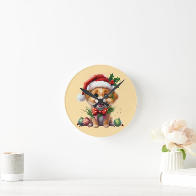 Kute Julvalpen med Santa Hat och Bow Rund Klocka (Hem)