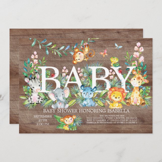 Kute Jungle Animal Girl Boy-duschinbjudan Inbjudningar (Fram/baksida)