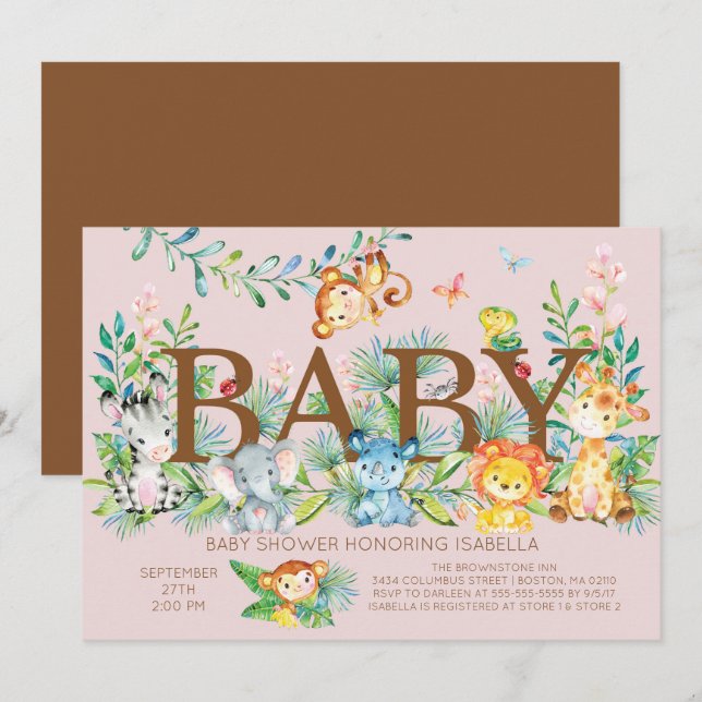 Kute Jungle Animals Girls Babyduschinbjudan Inbjudningar (Fram/baksida)