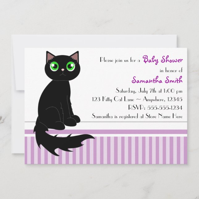Kute Kattunge Baby Shower-inbjudan - Lila Inbjudningar (Framsida)