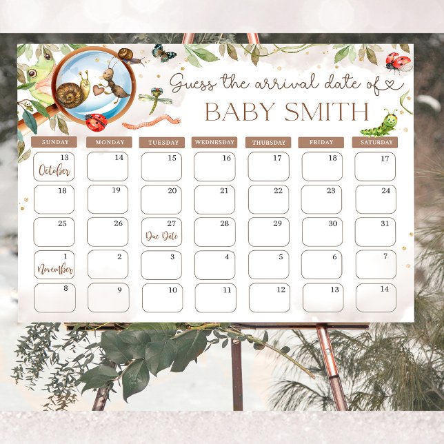 Kute Kryp & CaterPelare Baby Shower gissningsdatum Poster (Whimsical bug and caterpillar baby shower invitations! Adorable woodland theme with ladybugs, bees, )