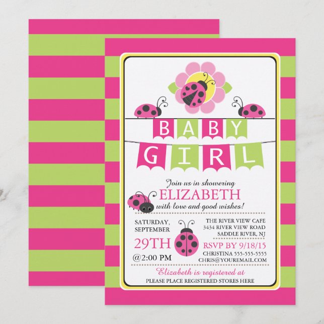 Kute Ladybug Girls Baby Shower-inbjudan Inbjudningar (Fram/baksida)