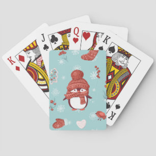 Kute, liten julpenguin i ett ljust rött ärr casinokort