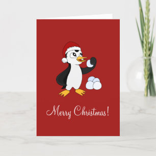 Kute liten julpenguin med en snöboll Holi Helgkort