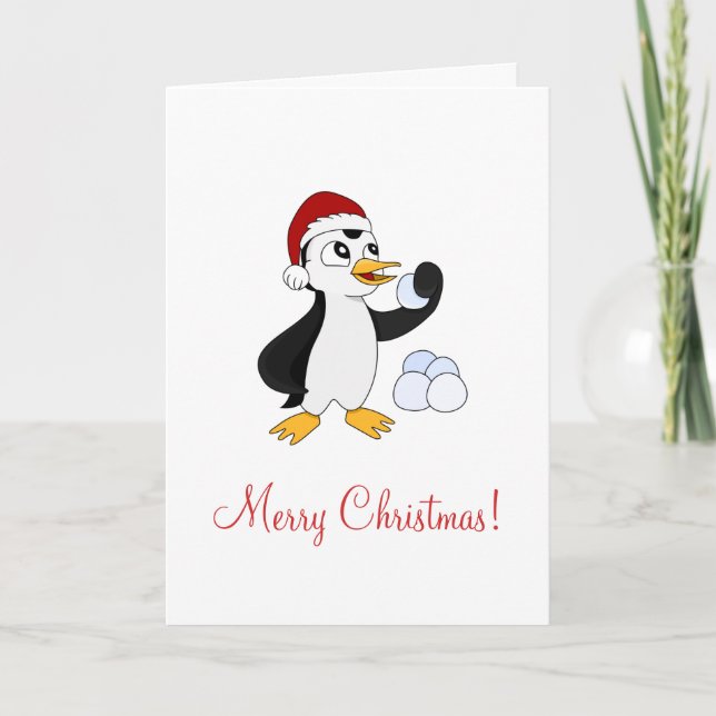 Kute liten julpenguin med snöboll helgkort (Framsida)
