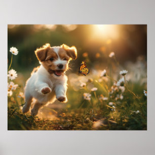 Kute, liten valp efter fjäril poster