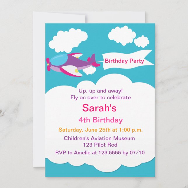 Kute Little Airplane Girl Birthday-inbjudan Inbjudningar (Framsida)
