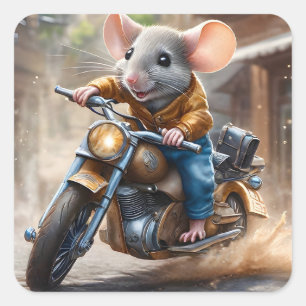 Kute Mouse Riding a Motorcykel Fyrkantigt Klistermärke