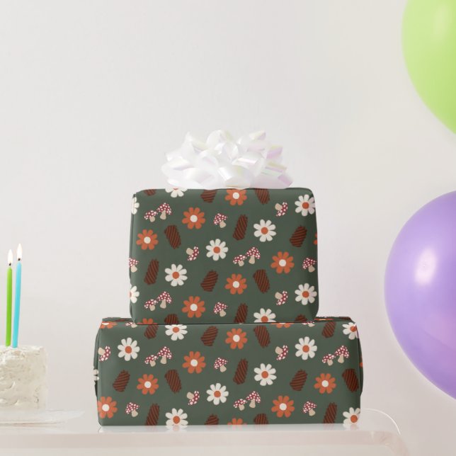 Kute mysigt ylle med blommor, svamp och pinekon presentpapper (Festgåvor)