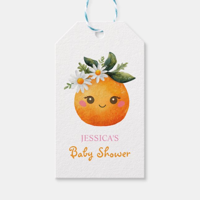 Kute Orange Frukt Daisy Mönster Baby Shower Presentetikett (Framsidan)