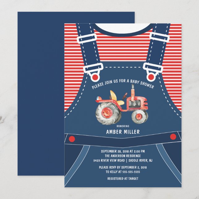 Kute overalls Farm Tractor Baby Shower-inbjudan Inbjudningar (Fram/baksida)