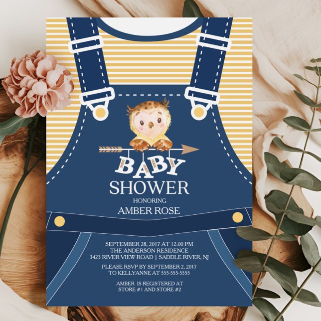Kute Overalls Woodland Uggla Baby Shower-inbjudan Inbjudningar (Skapare uppladdad)